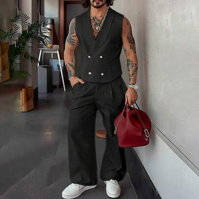 Men Buttons Sleeveless Vest Tank Tops Long Pants Zipper Trousers Summer Casual 2PCS Sets Suits