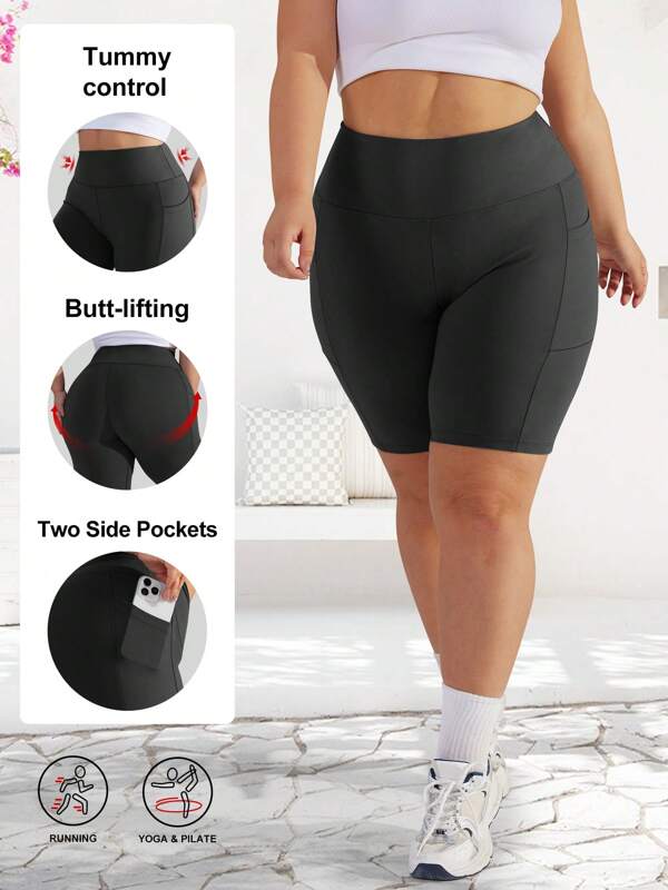 Plus Women Naked Feeling Light Cycling Shorts High Waisted Gym Running Workout Spandex Tummy Control Shorts Pockets Women Biker Shorts