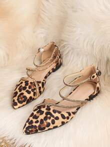 Women's V-Cut Flat Shoes, Pointed Toe Ballet Flats With Rhinestone Decor, Breathable Hollow Out Casual Dance Party Sandals, Leopard Print Suede Summer Casual Flat Shoes, Strap Gold Rhinestone Pointed Toe Flat Shoes - Multicolor - View 5