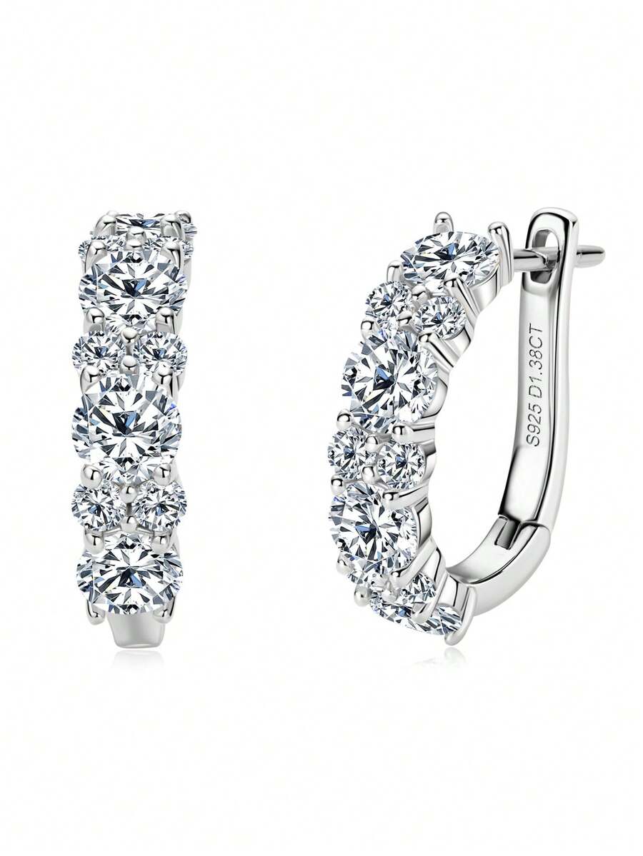 XUJIA 1 Pair (1.38 Carat + 1.38 Carat) Moissanite Earrings, 925 Sterling Silver, 4mm And 2mm Round Cut Moissanite Earrings, Fashion Earrings For Women, Jewelry Gift - Silver - View 1