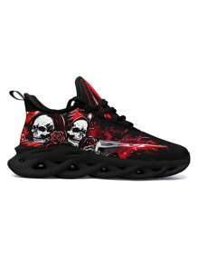 Zapatos de senderismo transpirables para hombres con impresión de calavera y espada, con ajuste ancho, suela con cuchilla, livianos, antideslizantes, amortiguación de impactos, aptos para uso casual