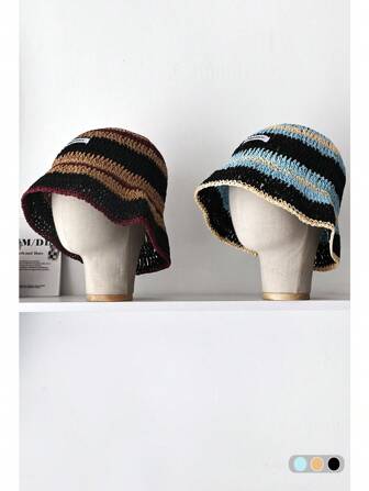 1 件装清新夏季户外防晒沙滩度假帽女士草编渔夫帽复古条纹撞色款，适合小/大头型，春夏新品