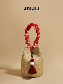 JNIJLI 1 件波西米亚风度假流苏手工草编水桶包、手提包、法式复古编织钱包，通勤、时尚商务休闲、旅行、海滩婚礼、野餐、度假、海滩等各种场合皆宜，是送给女性、母亲、教师、朋友、伴娘的最佳礼物，配有流苏吊饰