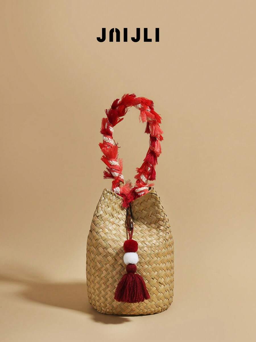 JNIJLI 1 件波西米亚风度假流苏手工草编水桶包、手提包、法式复古编织钱包，通勤、时尚商务休闲、旅行、海滩婚礼、野餐、度假、海滩等各种场合皆宜，是送给女性、母亲、教师、朋友、伴娘的最佳礼物，配有流苏吊饰