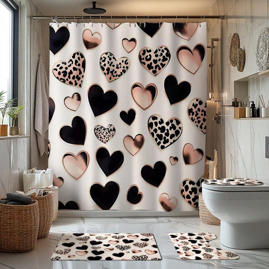 1/4pcs Heart Themed Black & Gold Bathroom Curtain Set, Including Bath Mat, U-Shaped Toilet Lid Cover, Waterproof Shower Curtain, Stylish Bathroom Decor, Modern Bathroom Partition Curtain, No Drilling Required, Washable Polyester Bathroom Accessories Back To School