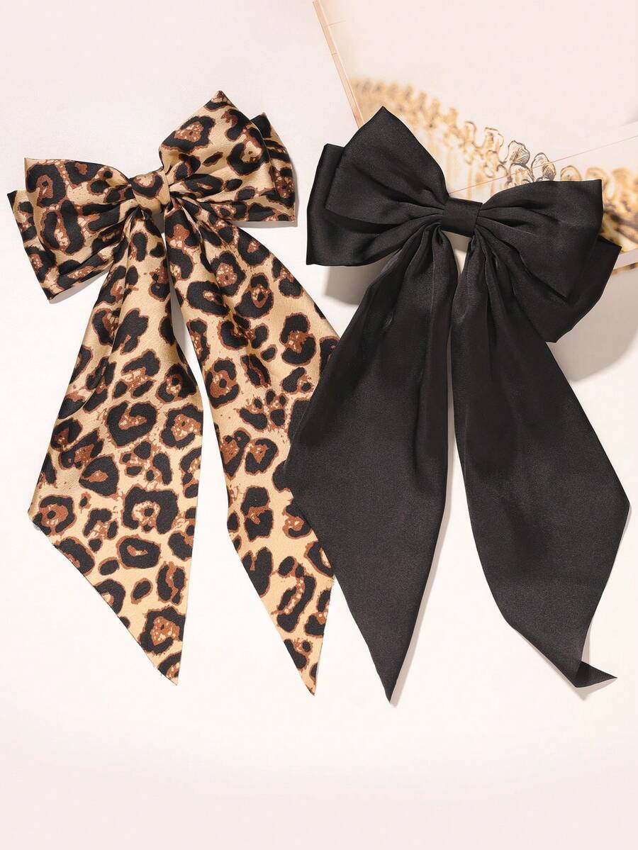 2pcs Leopard Print & Solid Satin Bow Long Tail Hair Clip Headpiece Claw Clips Hair Claws Hair Barrettes, School Stuff, Elegant, College, Bows, Cute, Classy, Winter Outfit Women, Hair Accessories