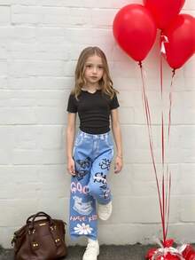 Mädchen Lässig Set aus einfarbigem T-Shirt und Hose mit Denim-Optik und Blumen-Muster, Frühling/Sommer Set