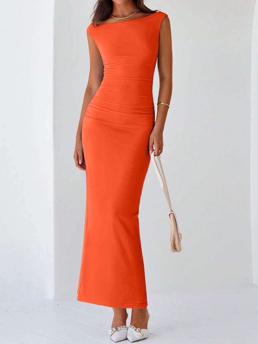 Women Elegant One Shoulder Mesh Maxi Dress Maxi Dress Summer Sleeveless Ruched Slit Back Bodycon Dress Formal Cocktail Wedding Guest Night Out Evening Valentine's Day Long Maxi Dress - 橘色 - 查看 1