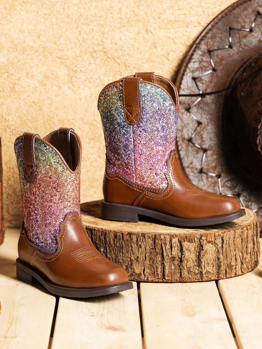 1 Pair Classic Embroidered Fashion All Season Children Boots, Toddler Little Boys Girls Cowboy Boots,Everyday And Vacation Wear, Low Heel Mid-Calf Girls Boots - Cà phê nâu - Xem 1