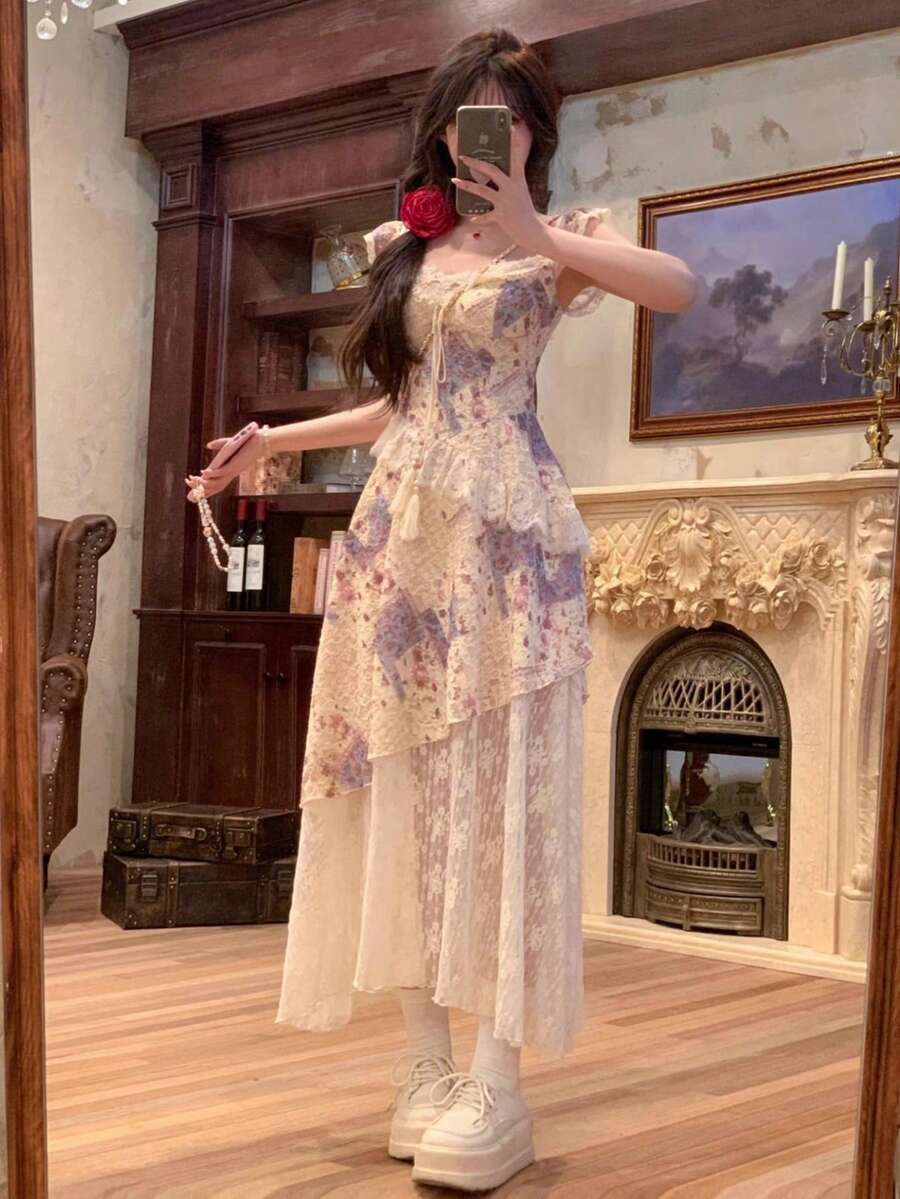 Vestido midi elegante francés con estampado y volantes en el bajo, adecuado para vacaciones, fiesta del té, temporada de bodas, atuendos de verano para mujer, vestido de graduación - Multicolor - Ver 1