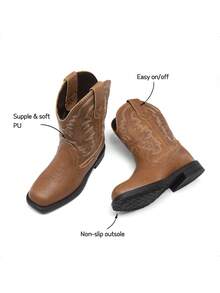 1 Pair Classic Embroidered Fashion All Season Children Boots, Toddler Little Boys Girls Cowboy Boots,Everyday And Vacation Wear, Low Heel Mid-Calf Girls Boots - 棕色 - 查看 7
