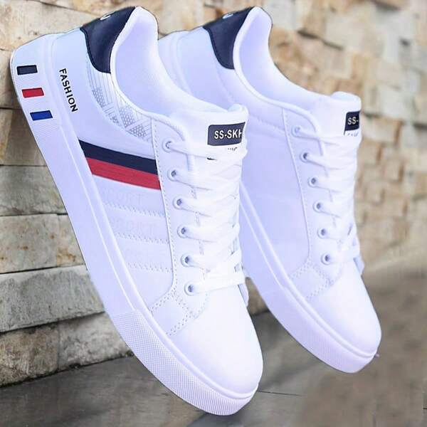 Men Stripe Design Lace-Up Skate Shoes - Wear-Resistant PU Leather Uppers, Breathable Fabric Inner, Cloth Insole, Non-Slip PVC Sole, Round Toe Cap, Perfect For Outdoor Casual Wear In Fall, Spring, Summer, Winter