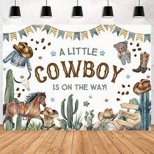 Fondo de ducha de vaquero adolescente con tema del Lejano Oeste, una pequeña fiesta de vaquero está en camino, fondo con tema de rancho, rodeo y vaquería, decoraciones de fiesta de cumpleaños de primer rodeo - Multicolor - Ver 2