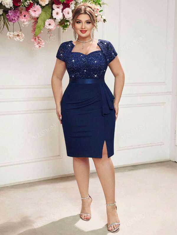 Vestido ajustado de cóctel con cuello corazón, encaje con lentejuelas, cintura con cinta y volantes, para fiestas, negocios, trabajo, graduación, cena, cita nocturna
