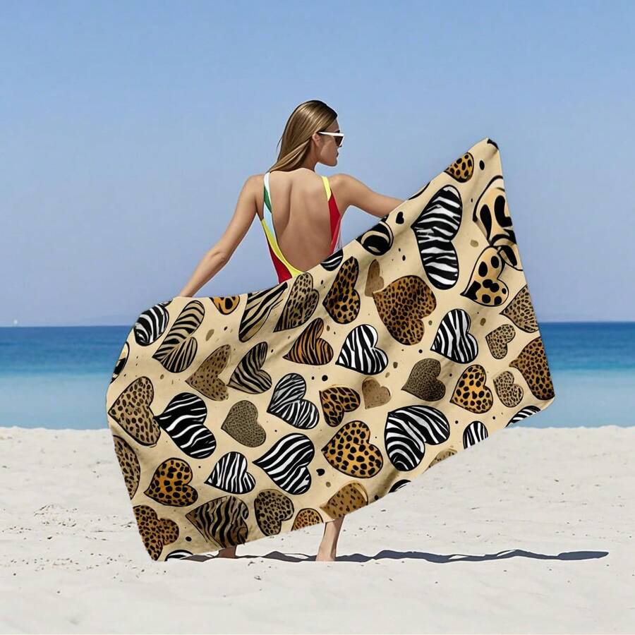 1pc Oversized Striped Beach Towel With Leopard Print Pattern, Ultra-Fine Fiber, Quick Drying Without Sand, Bright Stripes, Suitable For Travel, Yoga, Camping, Swimming, Bathroom, Living Room, Bathroom Towels, Camping Equipment, Essential For The Beach Bathroom Decor Summer Beach Essentials - Multicolor - View 1