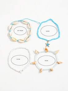 4pcs Boho Beaded Shell & Seashell Fashion Anklets, Beaded & Rope Woven Elastic Anklet Set For Women - Gold - View 6