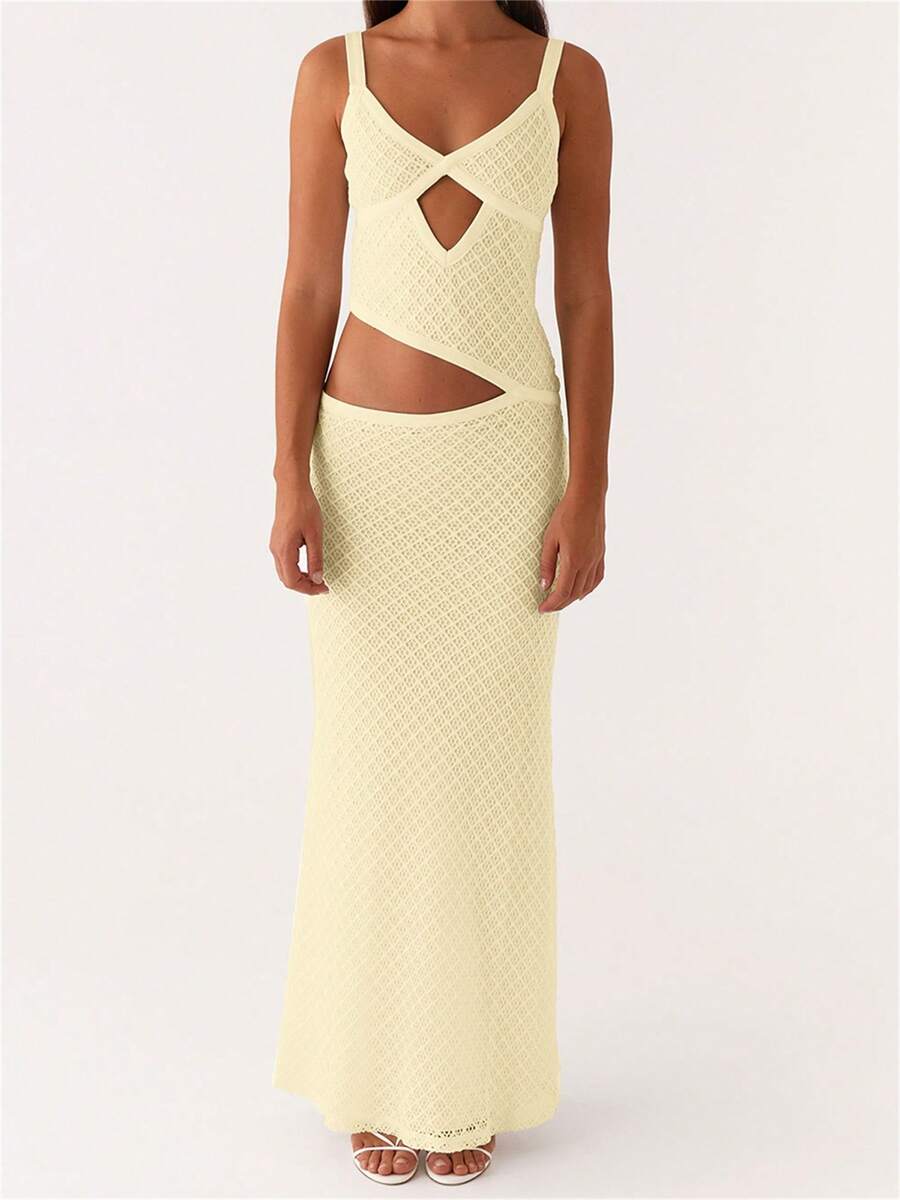 Women Crochet Knit Bodycon Maxi Dress Sexy Sleeveless Cut Out Boho Party Club Long Dress - 黃色 - 查看 1