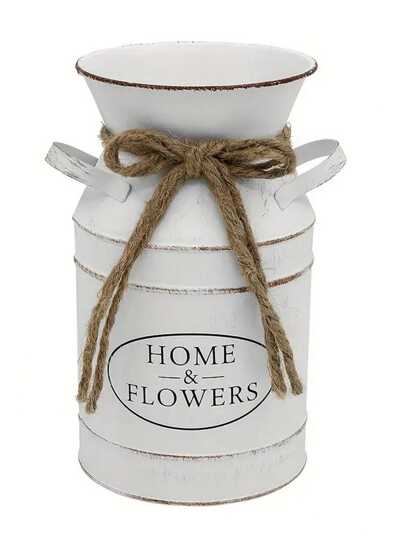 1pc/ Vintage Farmho Metal Galvanized Vase Rustic Crème Distressed Milk Can "Home Floral" Label, Perfect Tabletop Centerpiece Home Room Flower Glass view 5