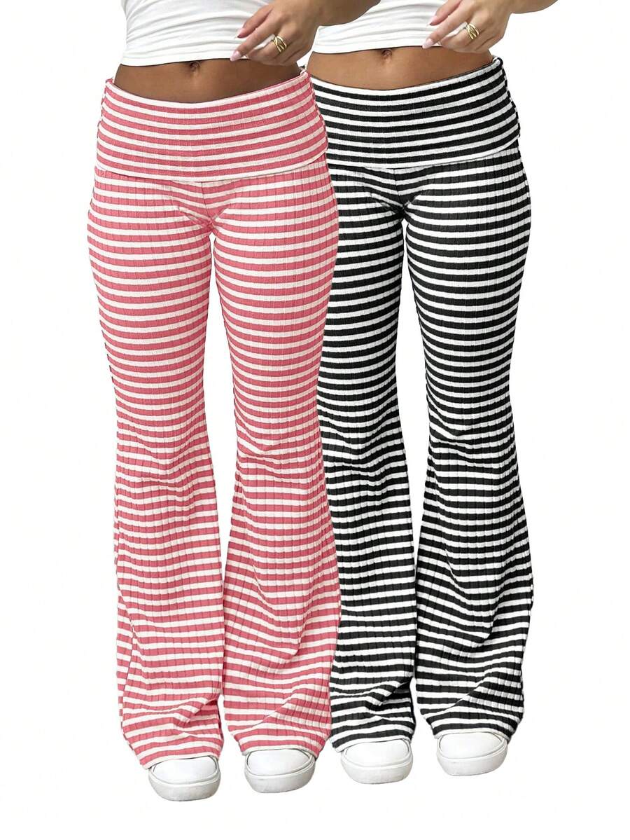 Tripe Flare Leggings For Women 2pack High Waisted Bootcut Yoga Pants Stretchy Casual Lounge Pants For Everyday Wear" - 黑粉紅色 - 查看 1
