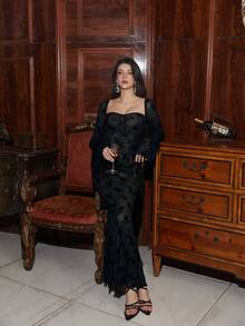 PARTHEA 露背系带美人鱼下摆喇叭袖蕾丝紧身褶皱长裙 - 黑色 - 查看 7