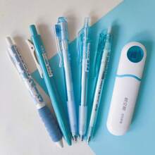 5 Pcs Ballpoint Pens + 1 Pc Highlighter Pen - Blue, Fresh Summer Series, Quick Drying, Long-Lasting, School Supplies, Back To School