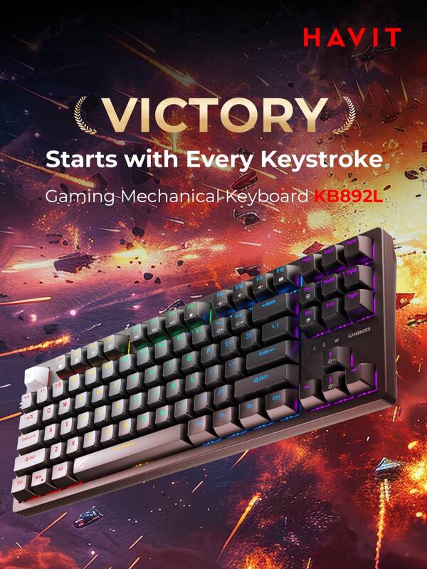 havit Teclado Gamer com Luz Personalizada Mesclada, Teclado Mecânico com Fio Resistente ao Desgaste, Interruptores Azuis, Interface Tipo-C Destacável, para Computador de Mesa, Laptop, Escritório e Ambientes de Jogos - KB892L Preto