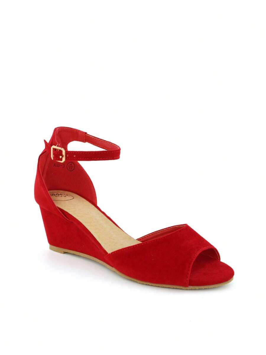 XY LONDON Lottie Peeptoe Mid Wedge Heel Sandals  Plain  Glamorous  Cool  Fashionable  Cute  Gorgeous  Party  Cute  Elegant  Casual  Pu      Mid Heel  Party  Spring Summer - Red - View 1