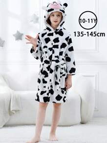 MICHLEY MICHLEY 1pc Kids Hooded Bathrobe With Belt Pockets Cartoon Animal Cow Style Soft And Comfortable Nightgown Unisex Suitable For Living Room, Swimming Pool, Bathroom Kids Gift