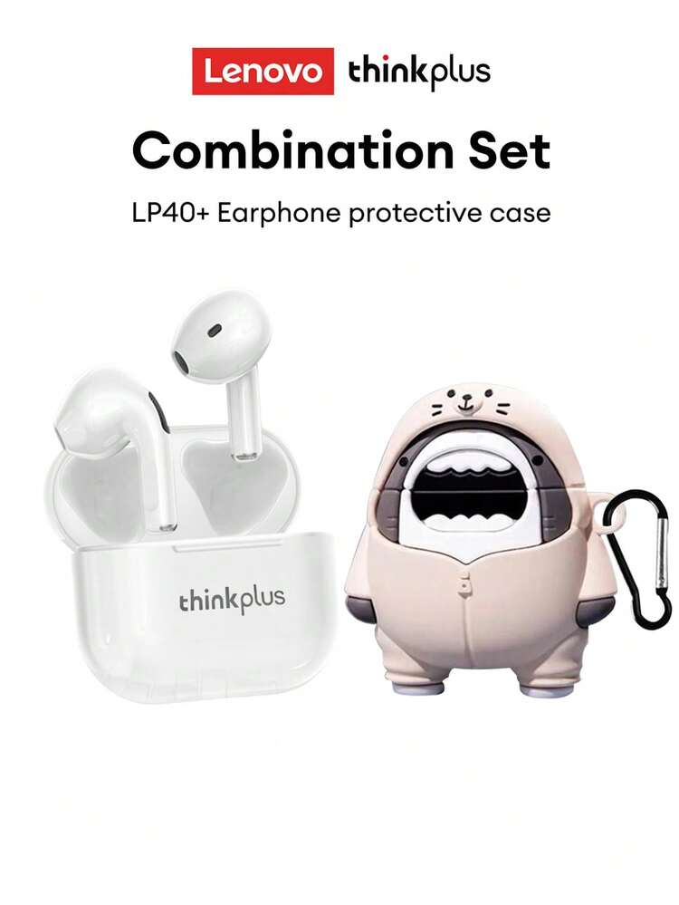 Lenovo Estuche protector Combo Set con auriculares Bluetooth  LP40, intrauditivos deportivos, graves intensos, llamadas de alta definición con micrófono, baja latencia para música/juegos, control táctil inteligente, súper larga autonomía, cancelación pasiva de ruido, auriculares inalámbricos compactos y portátiles - Estuche protector LP40 White + Bear Shark - Añade 2