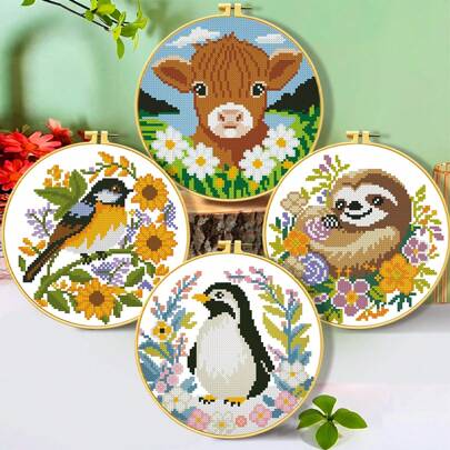 11CT Cross Stitch Kit DIY Handmade Embroidery, Includes Threads, Needles, Pattern Chart - Cow, Penguin, Sloth, Floral Countryside Style Decor For Living Room/Bedroom, Beginner Starter Set