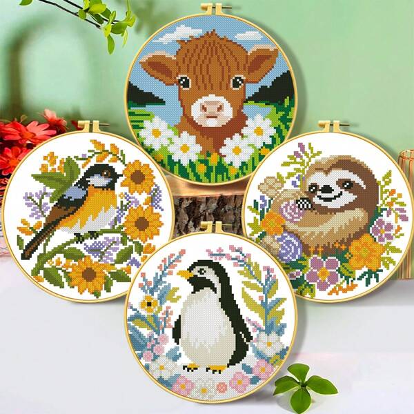 11CT Cross Stitch Kit DIY Handmade Embroidery, Includes Floss, Needle, Pattern Chart, Cow, Penguin, Sloth, Floral Countryside Decor, Living Room Bedroom Wall Art, Beginner Starter Set