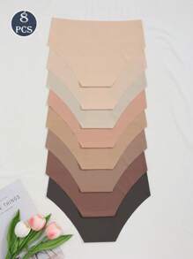 8pcs Pack Solid Color Casual-Comfortable Minimalist Seamless Briefs For Women, Made Of Knitted Fabric, Suitable For All Seasons