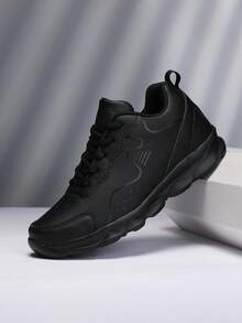 Women's Versatile, Comfortable, Durable Solid Color Casual Sneakers For Party, Commute, Outdoor, Fashion Leather & Fabric Patchwork Round Toe Skate Shoes, Black, Suitable For Summer, Valentine's Day, Shopping, Walking, Office, Home, Outdoor, All Season - Black - View 3