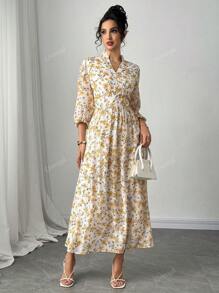 Nuovo arrivo Abito elegante da donna con stampa floreale, manica a lanterna/scollo a V/linea A, primavera/estate