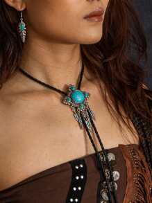 1pc Boho Style Turquoise Cross Bolo Tie Necklace, Long Y-Shaped Chain