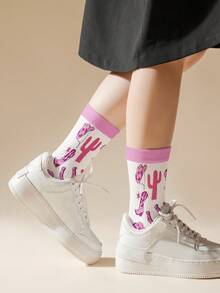 1 Pair Pink Cowboy Boots Pattern Socks - Cute Pink Cowboy Boots And Desert Pattern Design, Full Of Western Style. 360 Digital Printing Mid-Calf Socks With Random Printing, Fashionable, Scandinavian Style, Casual & Comfortable, Everyday Casual Wear, Romantic, Simplicity, Cute, Elegant, Mature Charm, Commuter Casual Everyday Wear, Funny Fabric Closure Underwear & Sleepwear & Socks, All Season Exclusive Design, Fall - Multicolor - View 3