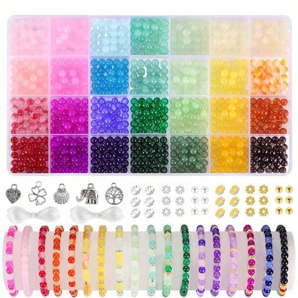 1250 pièces/100 pièces Perles rondes en verre de 6 mm, kit de fabrication de bracelets perlés, comprenant 28 couleurs de perles en verre cristal, pendentif en alliage, fil à perler, pour la réalisation de bracelets, colliers, boucles d'oreilles, artisanat, kit de perles pour débutants (couleurs aléatoires)
