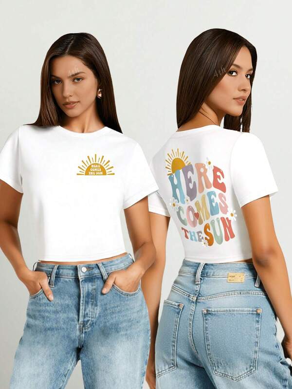Women Here Comes The Sun Double-Sided Crop Tee For Summer
