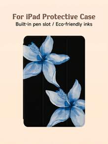Flower Blue Printed Pattern Tablet Protective Case, Compatible With IPad 10.2", IPad Pro 2021/2020, IPad 9th/10th Gen, Galaxy Tab A8 10.5" 2022, Matepad 10.4"/Tab, Anti-Drop, With Pen Slot, Sleep/Wake Support