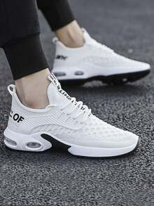 Zapatillas de running de carretera para hombre de color sólido, zapatillas de malla ligeras y transpirables, talón suave y cómodo, diseño de suela elástica antideslizante y de alta amortiguación, adecuadas para caminar, deportes al aire libre, correr, entrenamiento, fitness, fiesta, fiesta, desgaste diario. - Blanco - Ver 1