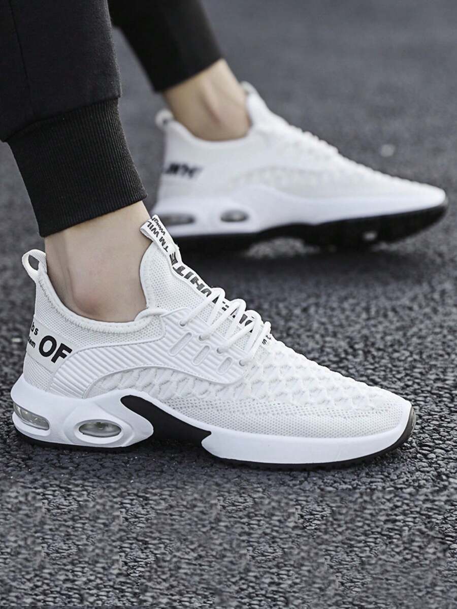 Zapatillas de running de carretera para hombre de color sólido, zapatillas de malla ligeras y transpirables, talón suave y cómodo, diseño de suela elástica antideslizante y de alta amortiguación, adecuadas para caminar, deportes al aire libre, correr, entrenamiento, fitness, fiesta, fiesta, desgaste diario. - Blanco - Ver 1