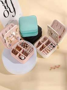 1个旅行首饰收纳盒，PU皮革防水配件盒，便携式首饰盒，多功能迷你镜面收纳盒，适合旅行、出差、观光、校园宿舍收纳，也可作为返校送给妈妈的礼物、节日礼物或房间装饰。 - 彩色 - 查看 3