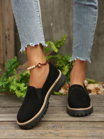 女士厚底坡跟鞋，厚底乐福鞋，四季平底鞋，裸色厚底一脚蹬鞋，女鞋，坡跟鞋，工作鞋，一脚蹬