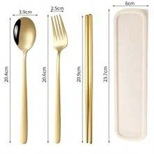 不锈钢便携式餐具套装 - 勺子、叉子、筷子、学校用品 - 彩色 - 查看 13