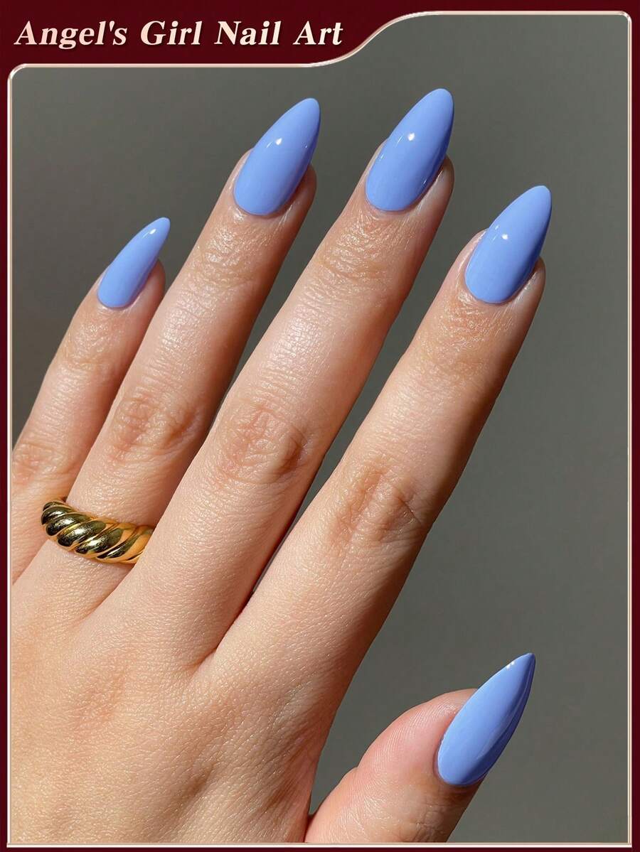 24Pcs Almond Baby Blue Color Tip Press On Nails ,Simple Style Design,Easy To Wear Acrylic False Nail Set,Contain 1Pc Jelly Glue And 1Pc Nail File, Suitable For Women And Girls Daily Life And All Kinds Of Party Use Nail Supplies Nails