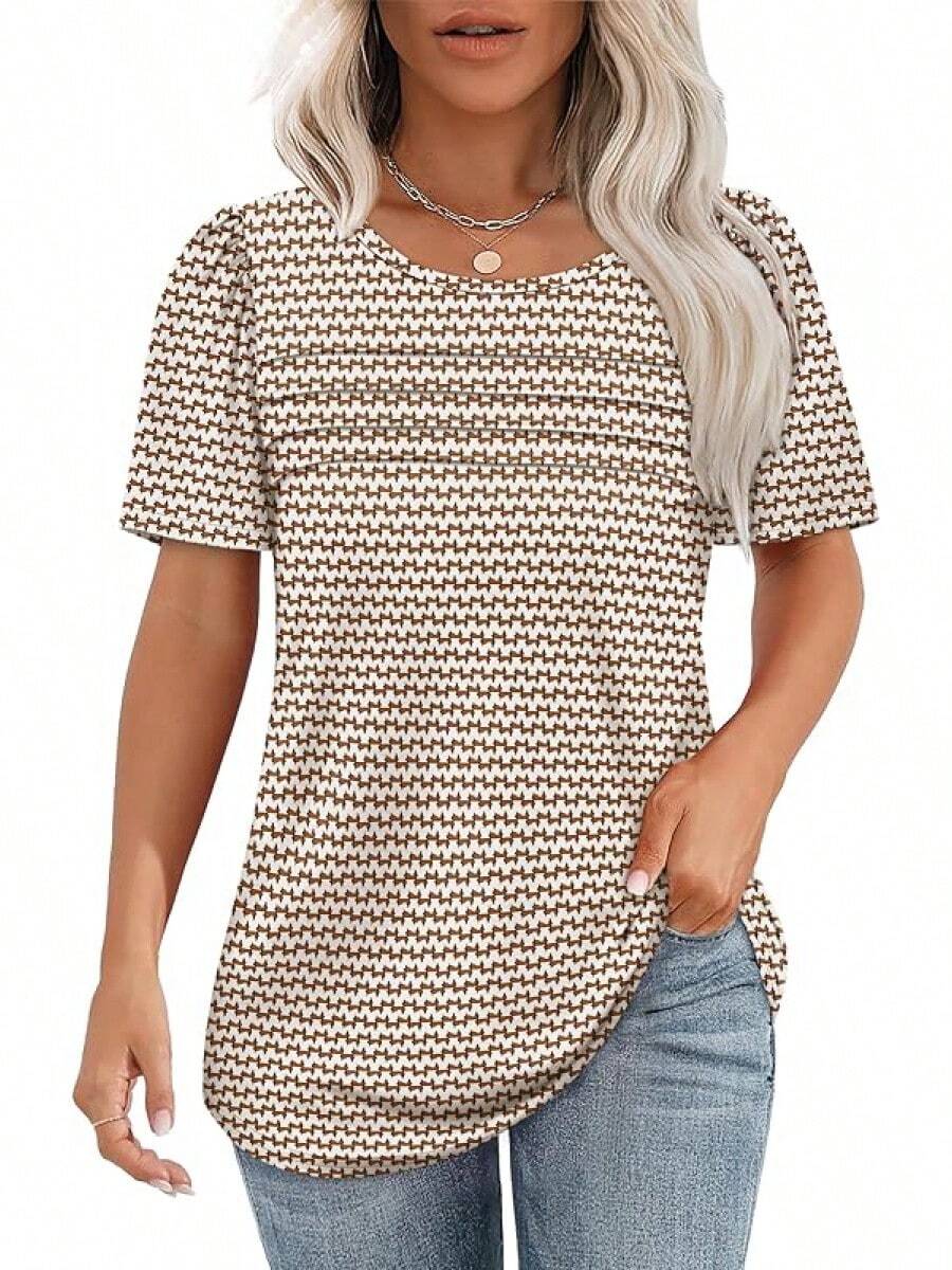 OFEEFAN Womens T Shirts Short Sleeve Tops Dressy Casual Blouses Spring Summer Outfits Flowy Pleated Front Scooped Neck - Brown - View 1
