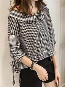 Peter Pan Collar Plaid Bowknot 3/4 Sleeve Off Shoulder Elegant Tie-Up Blouse