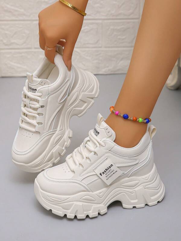 Beige Leather Elevated Woman's Athletic Sneakers With 8cm Platform, Casual Shoes