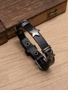 1pc Punk Style Metal Star Leather Wrap Around Bracelet For Men - Black - View 10