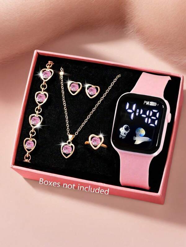 6 Stück/Set stilvolle, einfache und süße Jugend-Quadratuhren und Schmuck-Set mit Herz-Strass, Halskette, Armband, Ohrringe, Ringe, Geschenke für Kinder, Muttertag Schulanfang